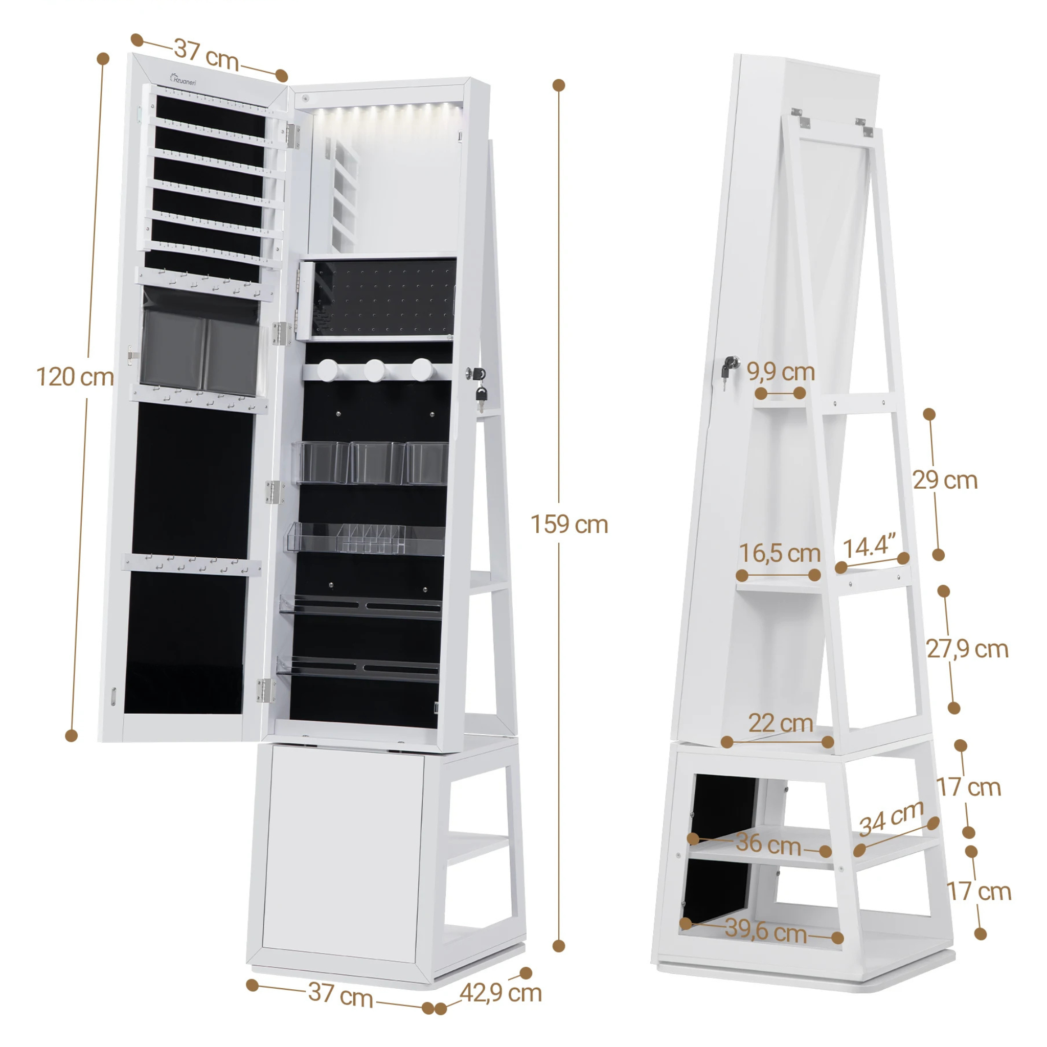 Armoire à bijoux avec miroir rotatif