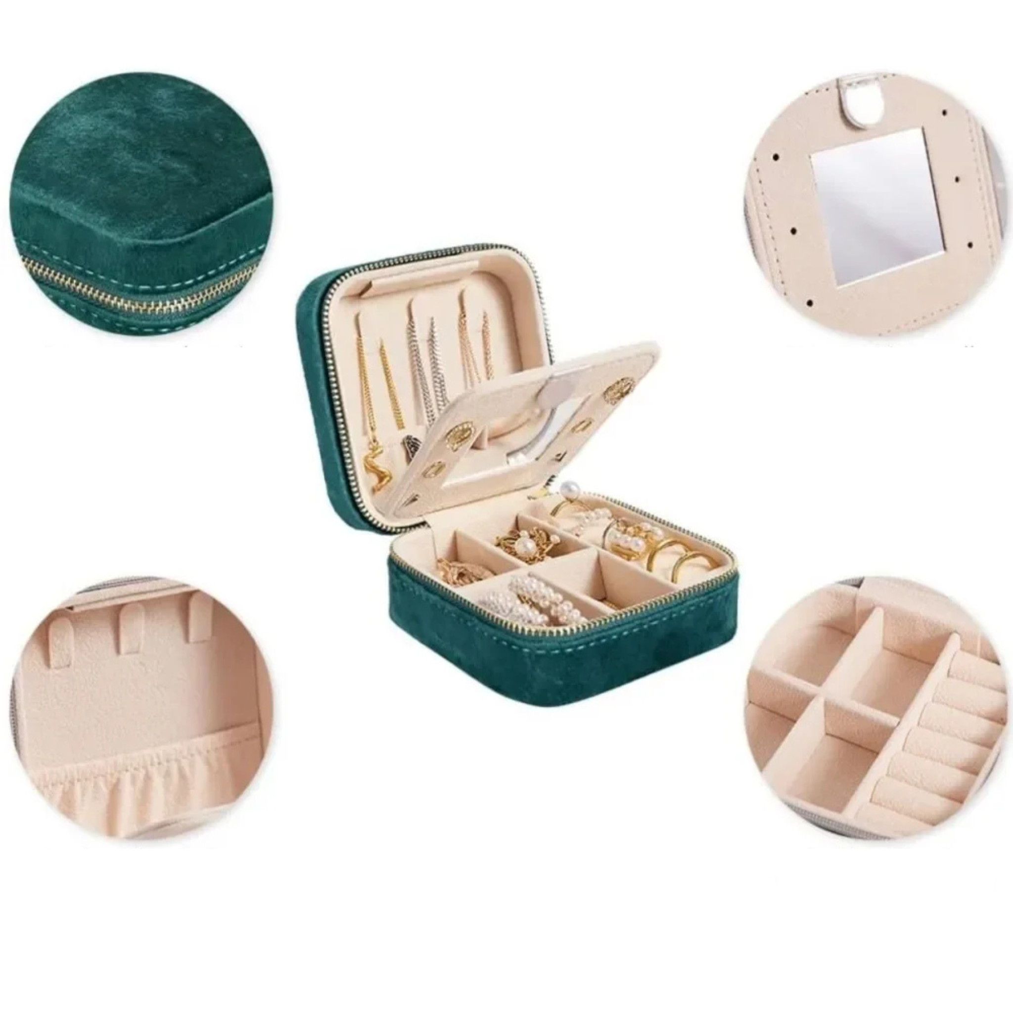 Boîte à bijoux de poche en velours vert émeraude