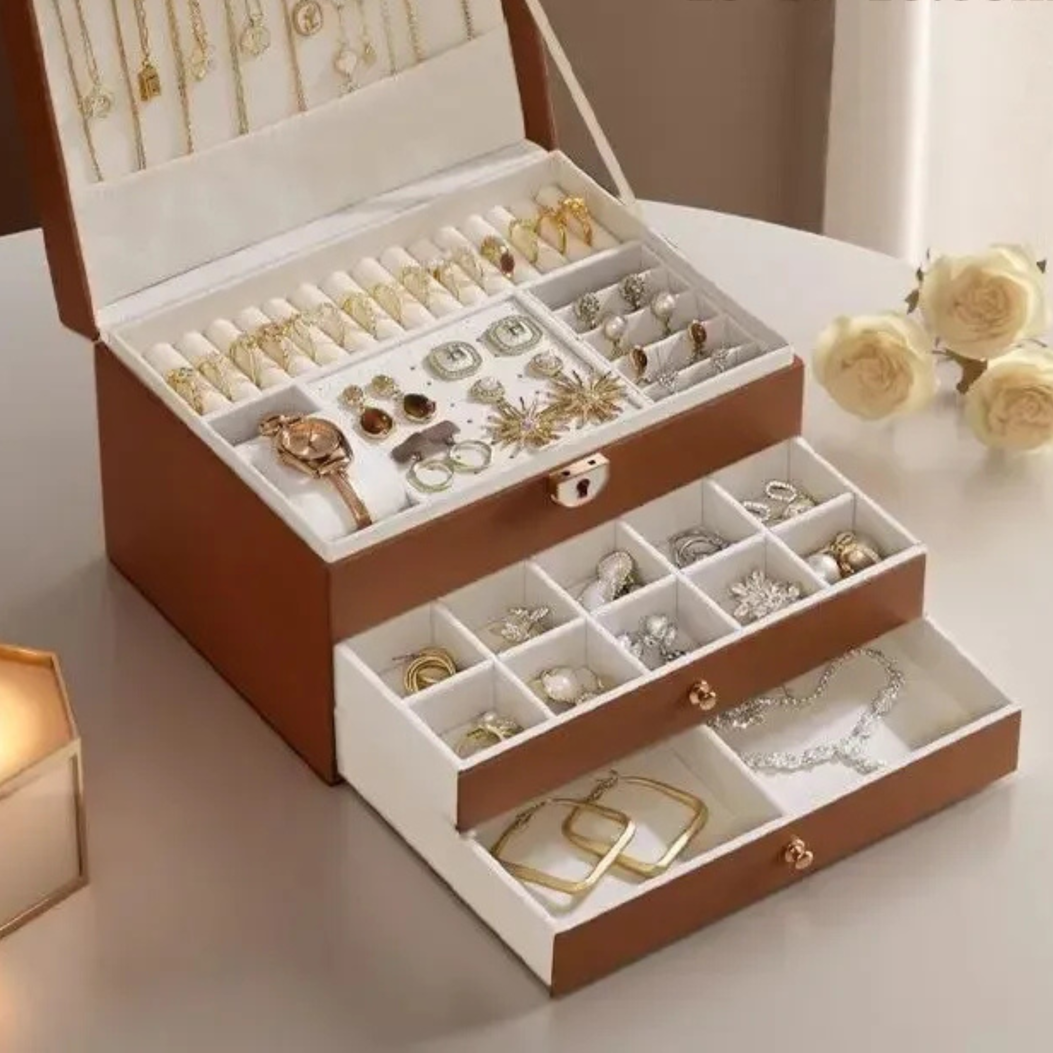 Boîte à bijoux à double niveau blanc / Camel