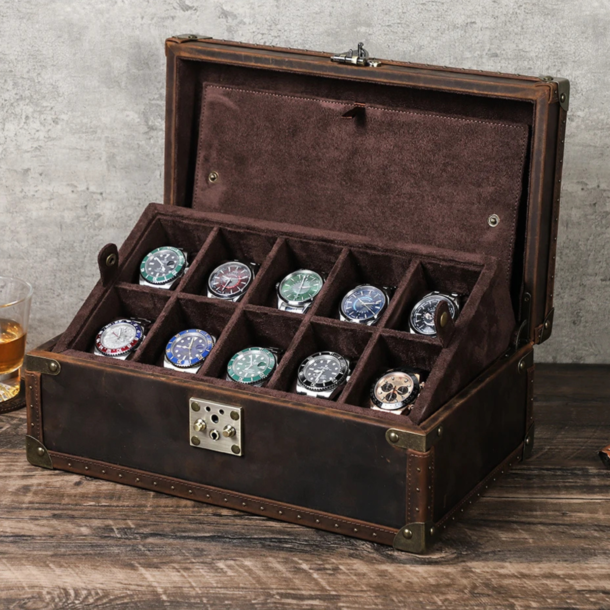 Boîte à montres en cuir brut - 10 emplacements