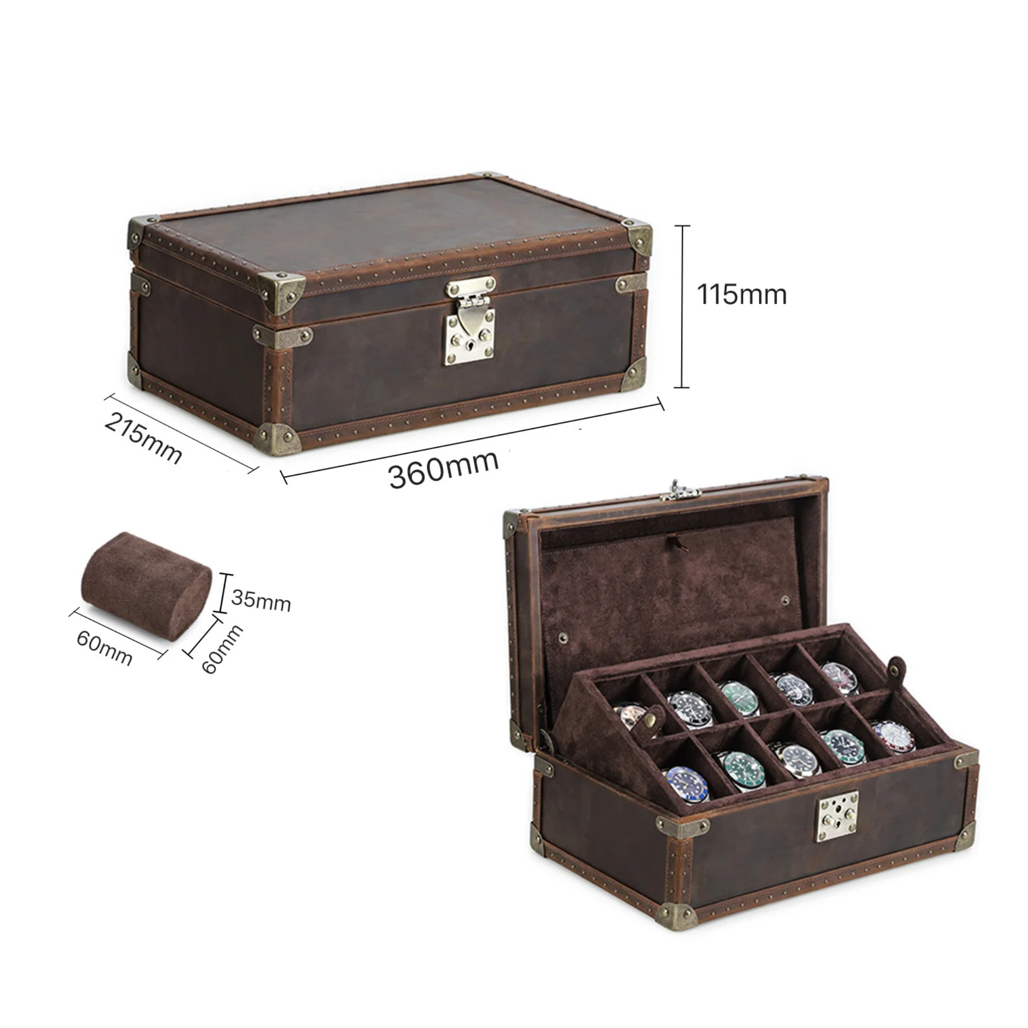 Boîte à montres en cuir brut - 10 emplacements