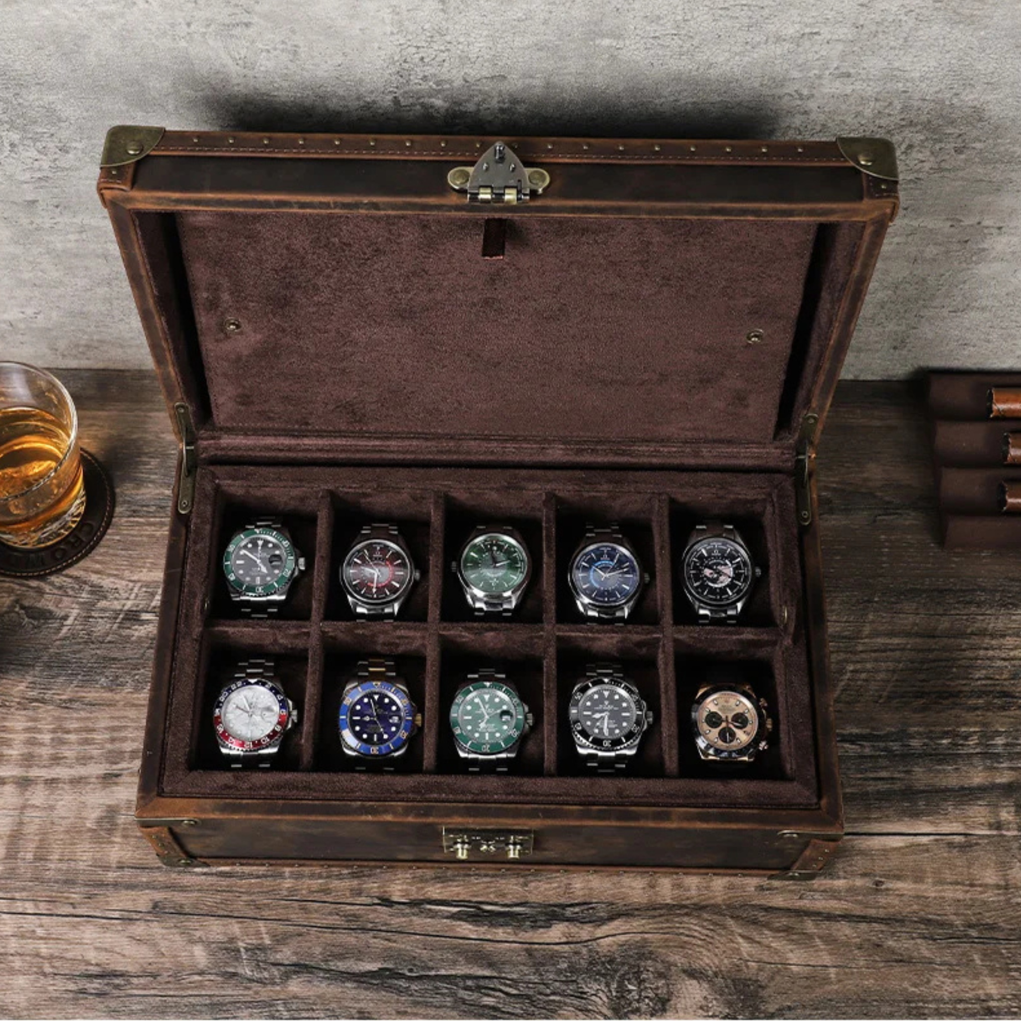 Boîte à montres en cuir brut - 10 emplacements