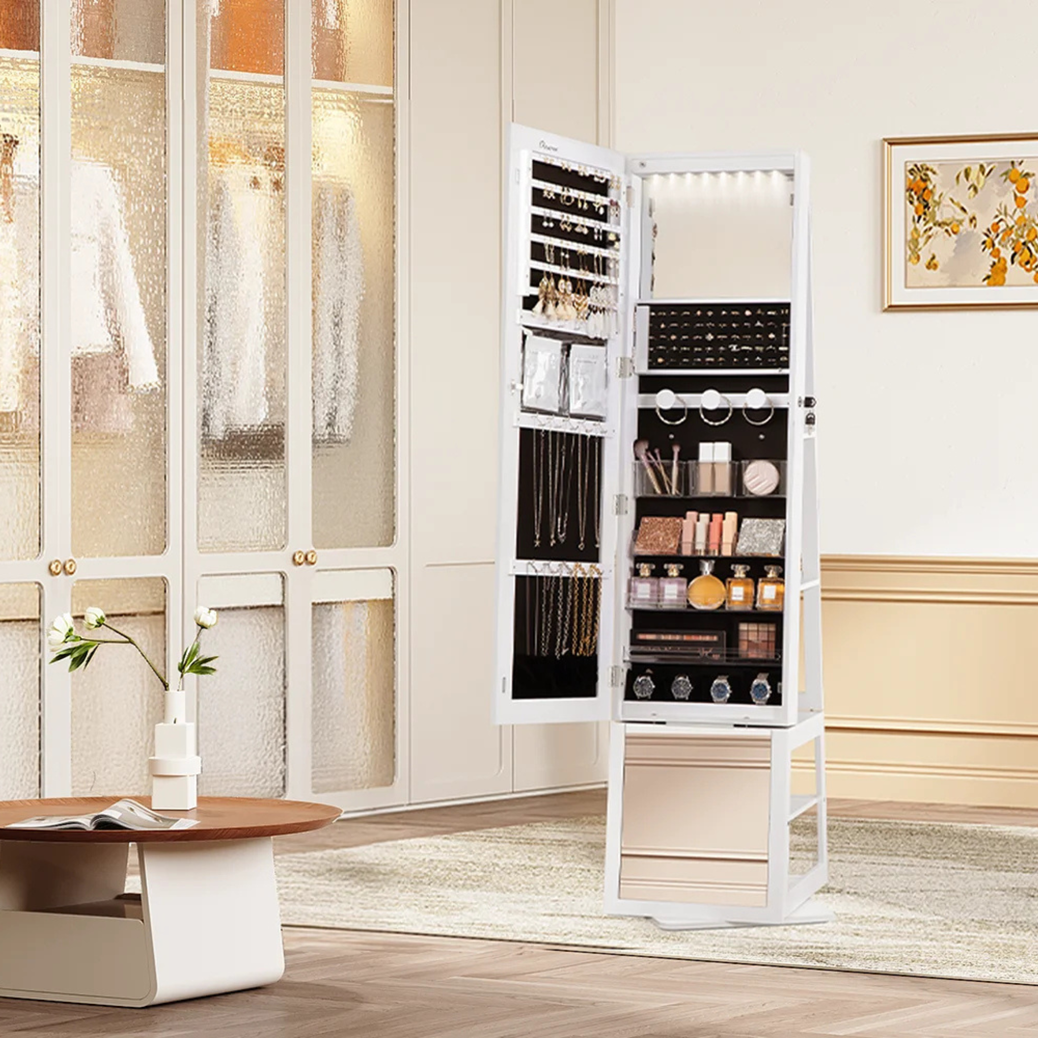 Armoire à bijoux avec miroir rotatif