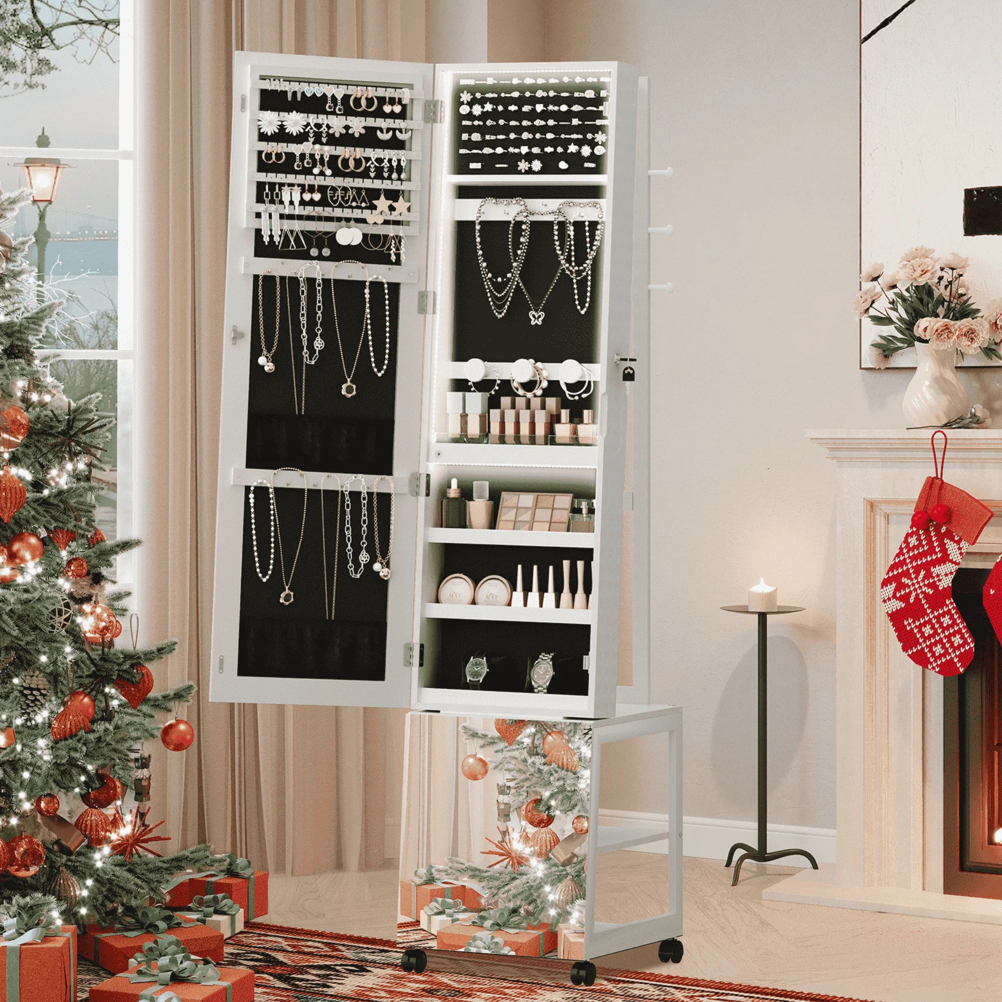 Armoire à bijoux avec miroir et éclairage LED