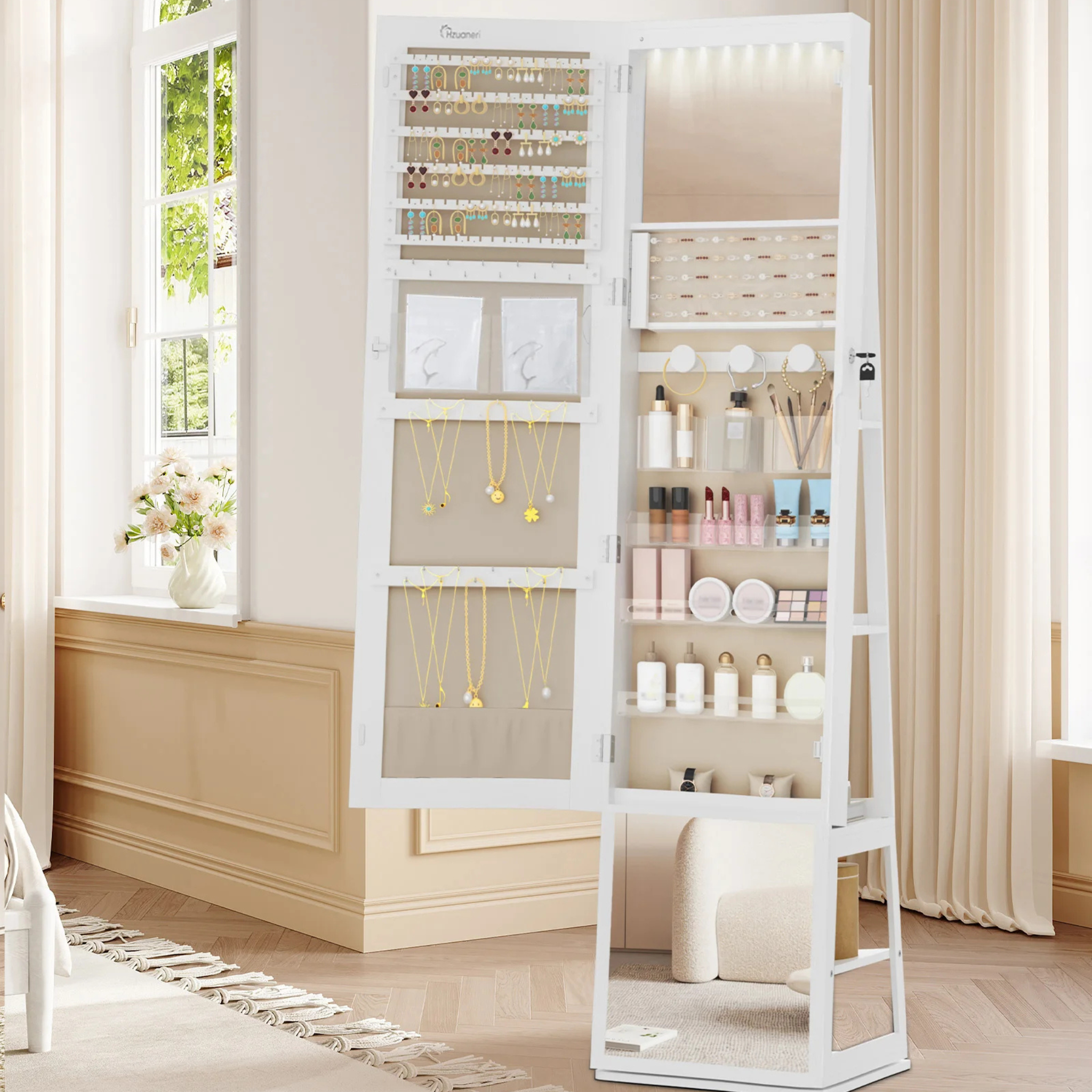 Armoire à bijoux avec miroir rotatif