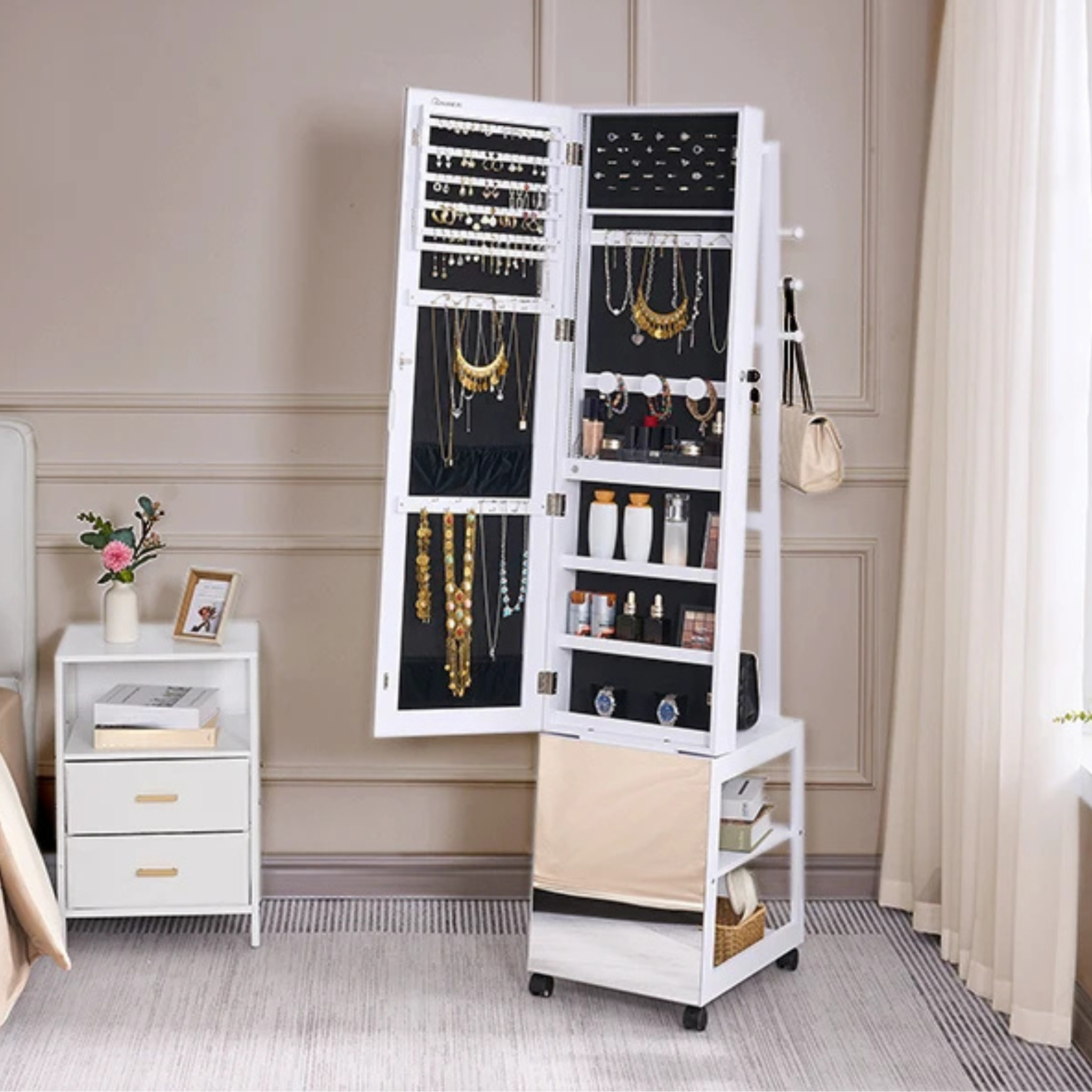 Armoire à bijoux sur pied avec miroir