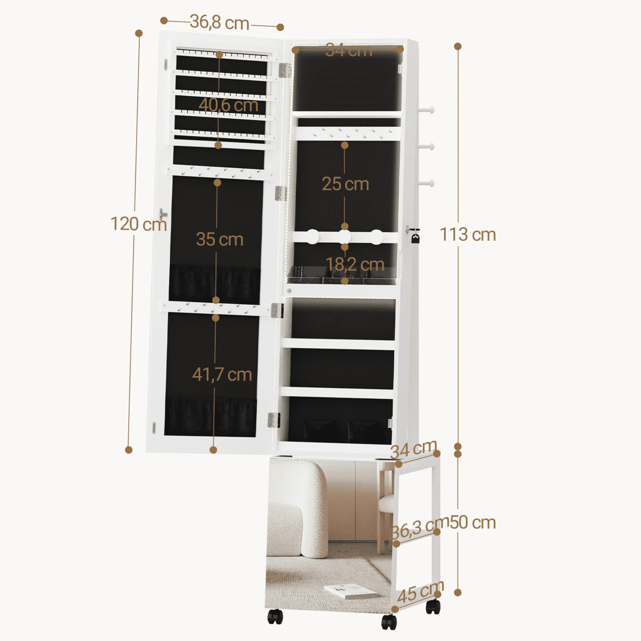 Armoire à bijoux sur pied avec miroir
