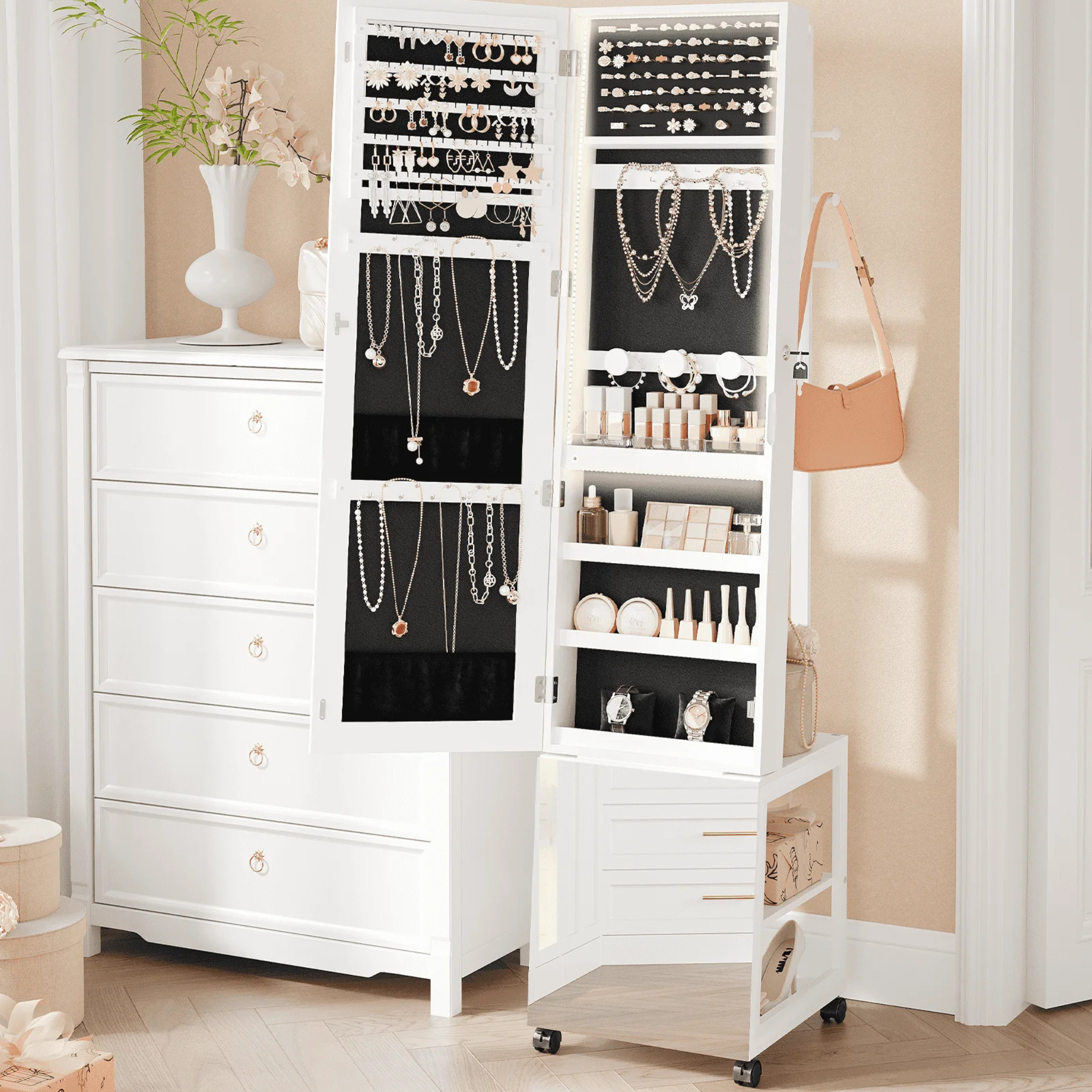 Armoire à bijoux sur pied avec miroir