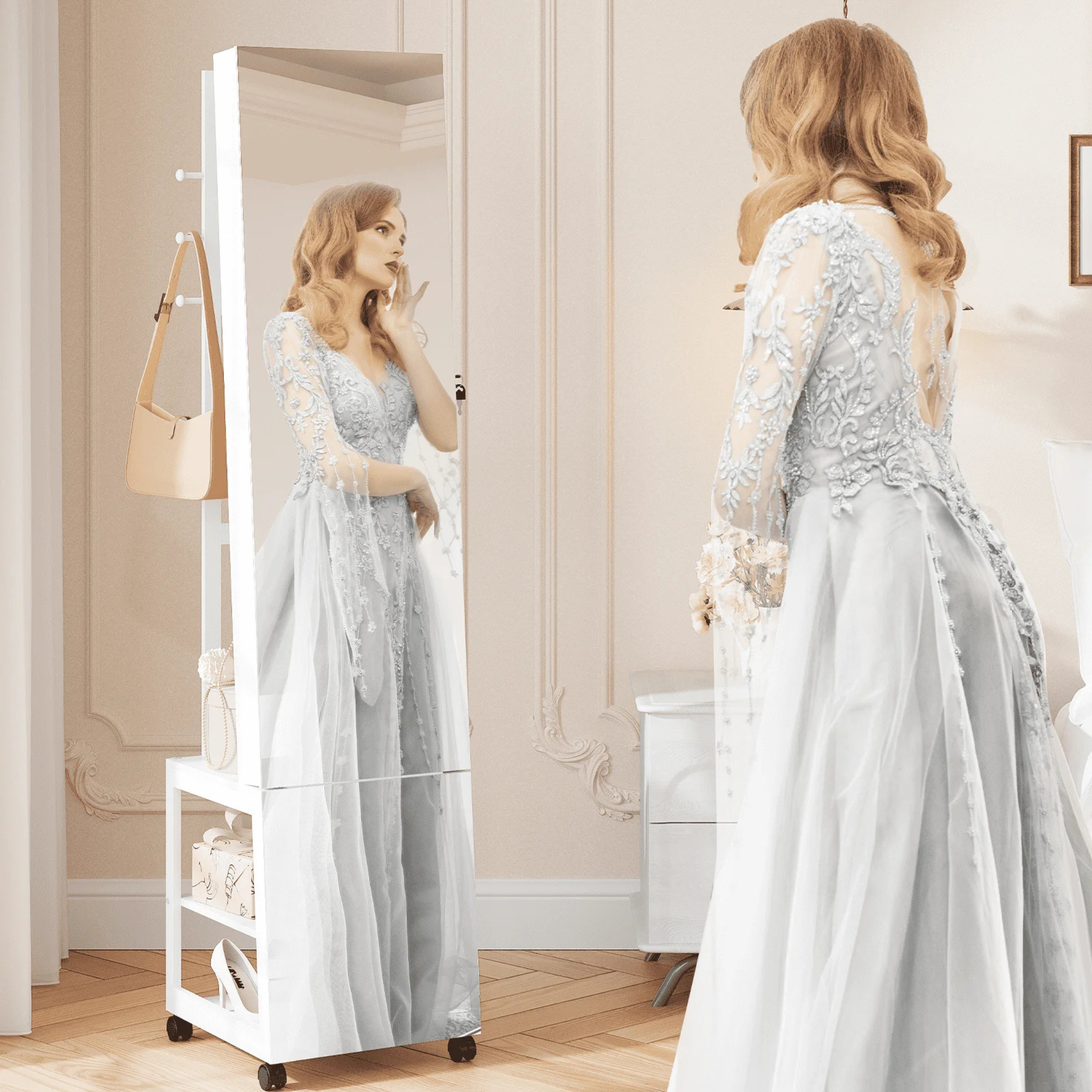 Armoire à bijoux sur pied avec miroir