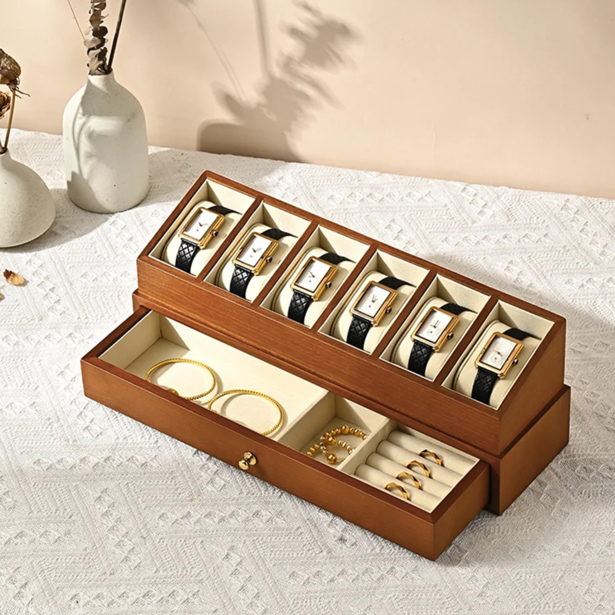 Boîte à montres en bois double étage