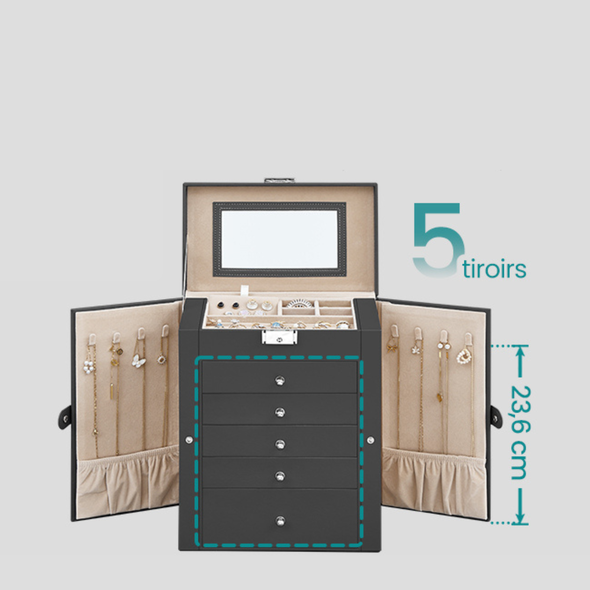 Boîte à bijoux à 6 niveaux avec miroir et serrure