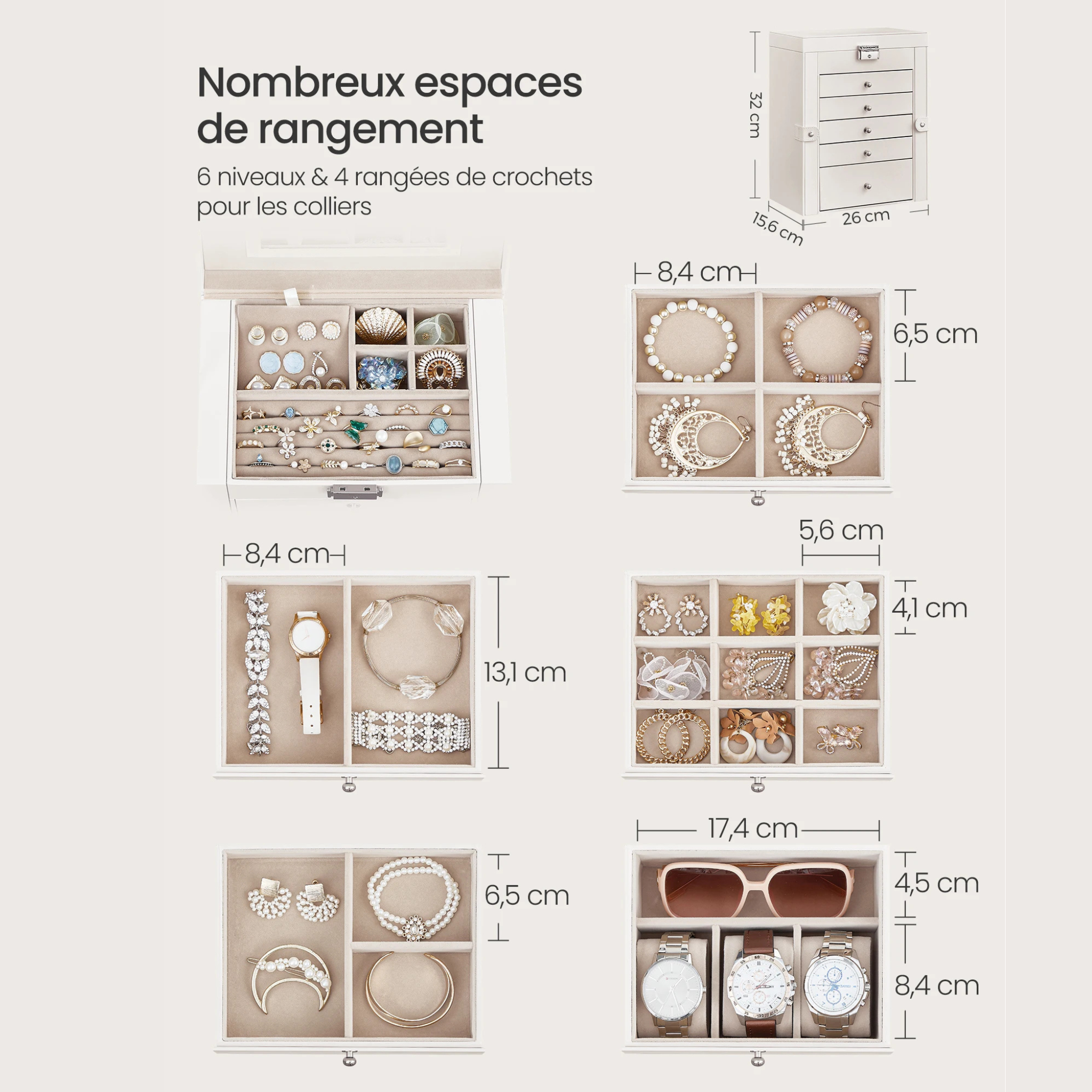 Boîte à bijoux à 6 niveaux avec miroir et serrure