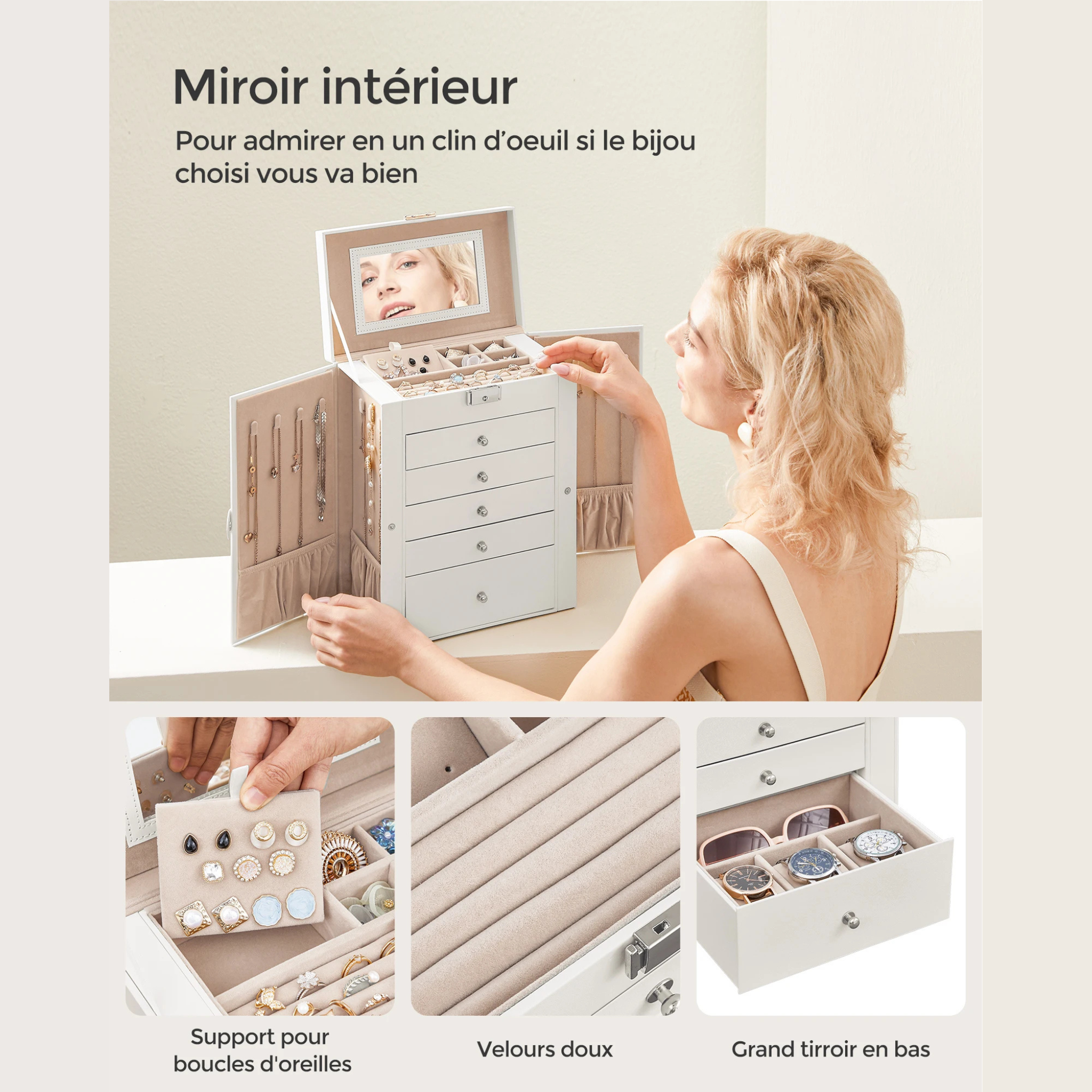 Boîte à bijoux à 6 niveaux avec miroir et serrure