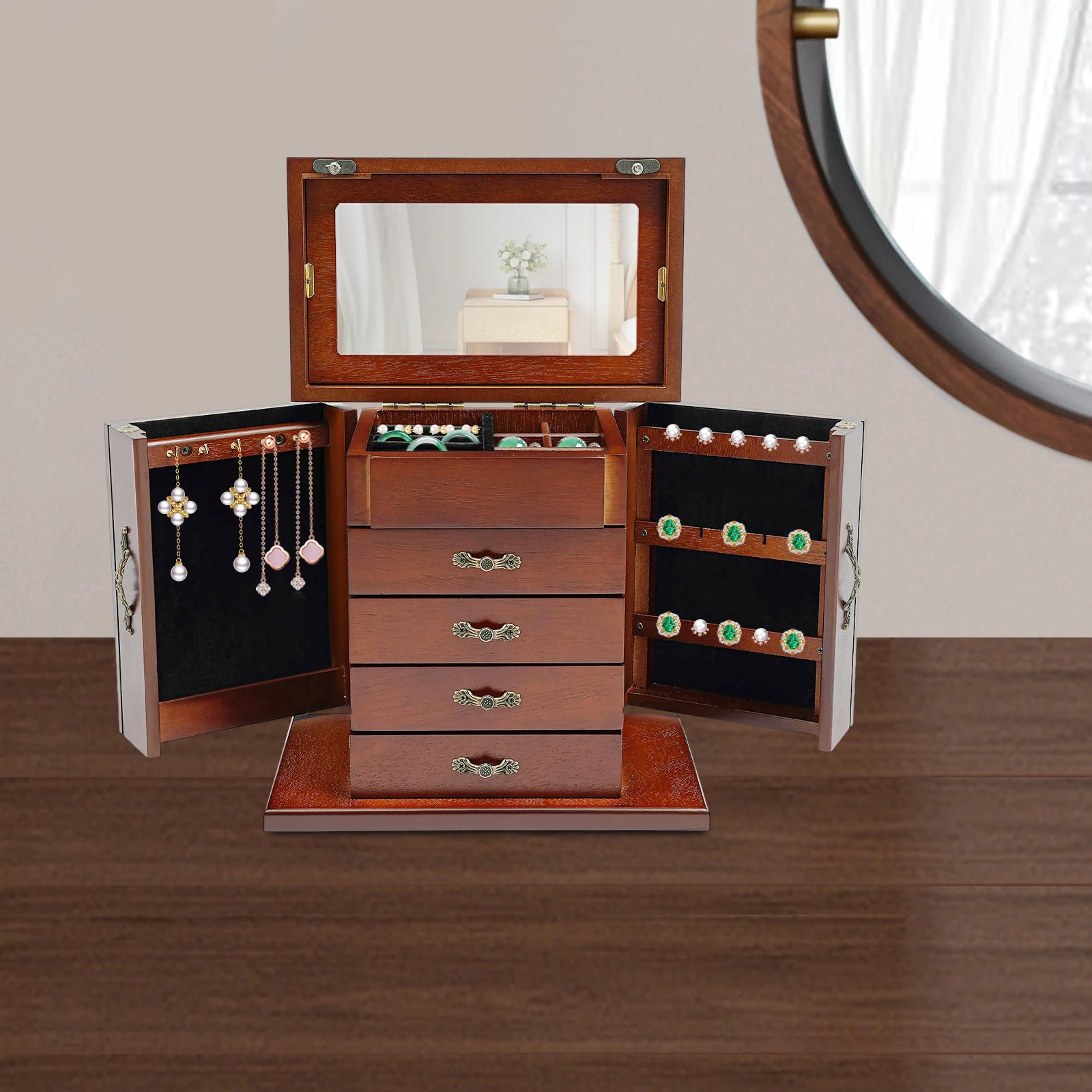 Boîte à bijoux en bois massif 5 niveaux