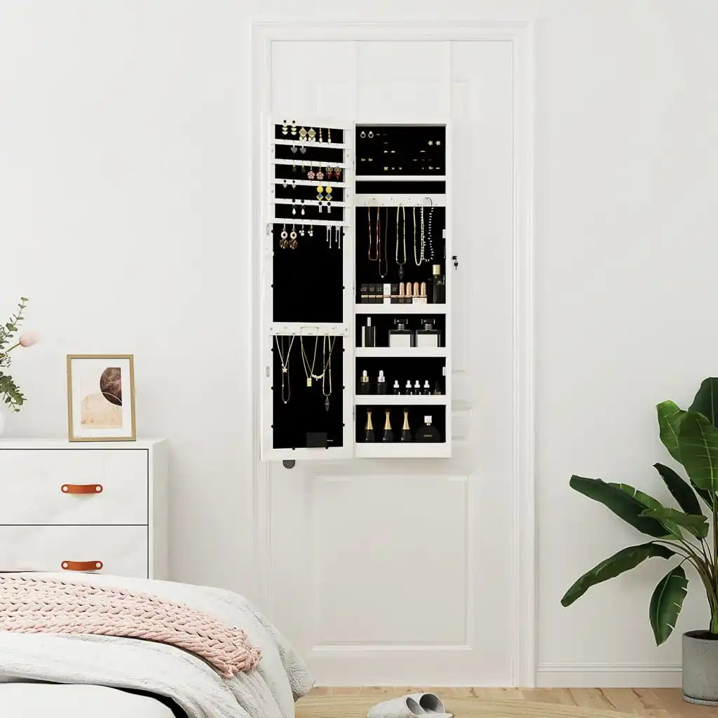 Armoire à bijoux murale blanche avec miroir sans cadre et éclairage LED intégré