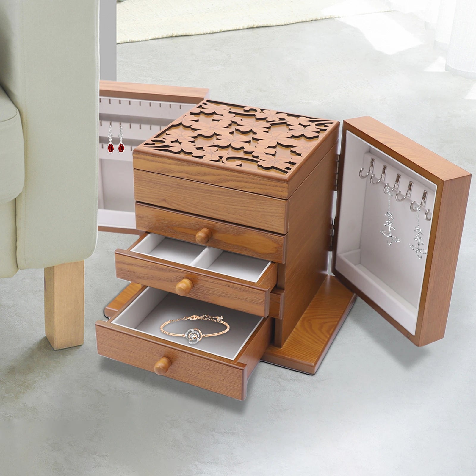 Boîte à bijoux en bois à 4 tiroirs avec miroir