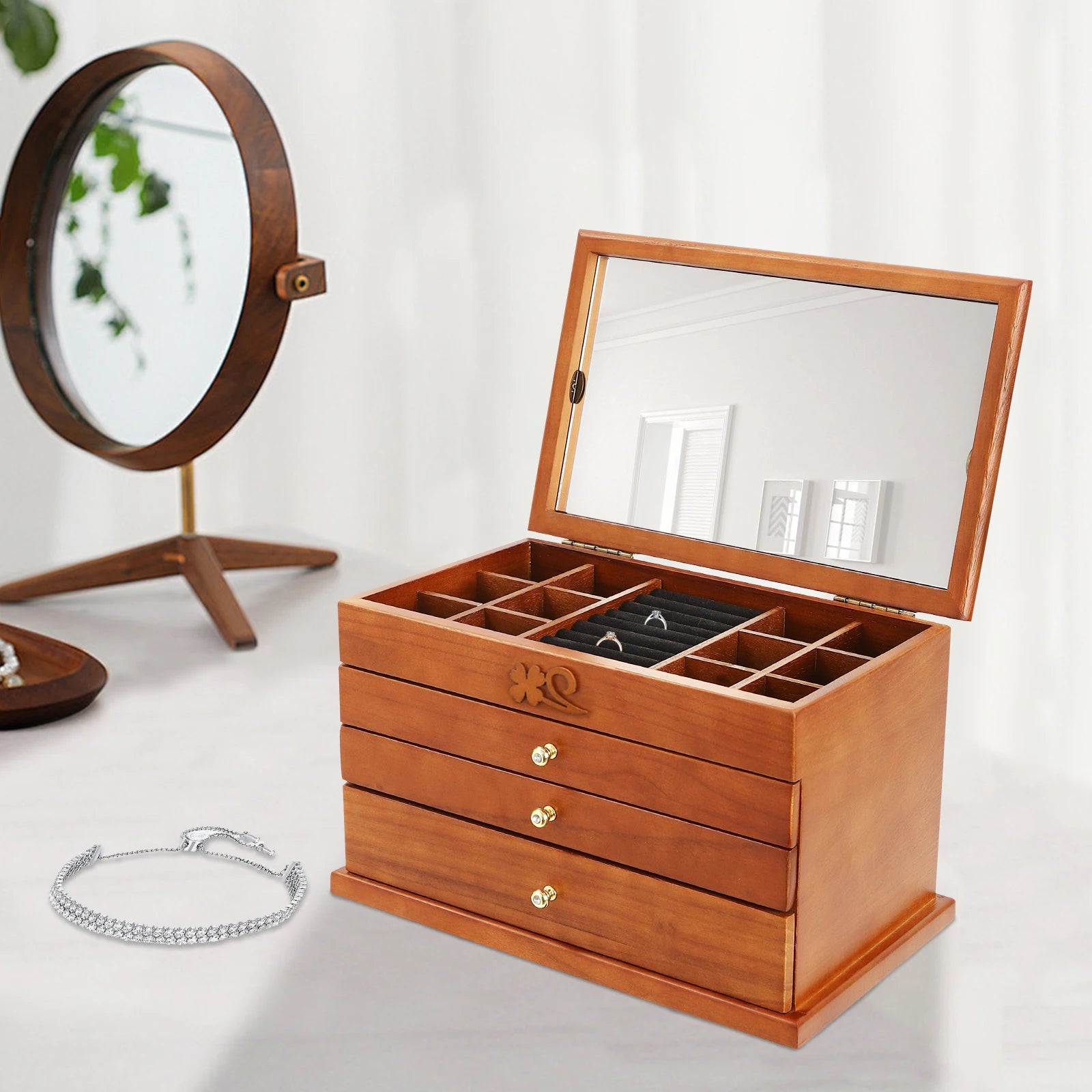 Boîte à bijoux 4 niveaux avec miroir intégré