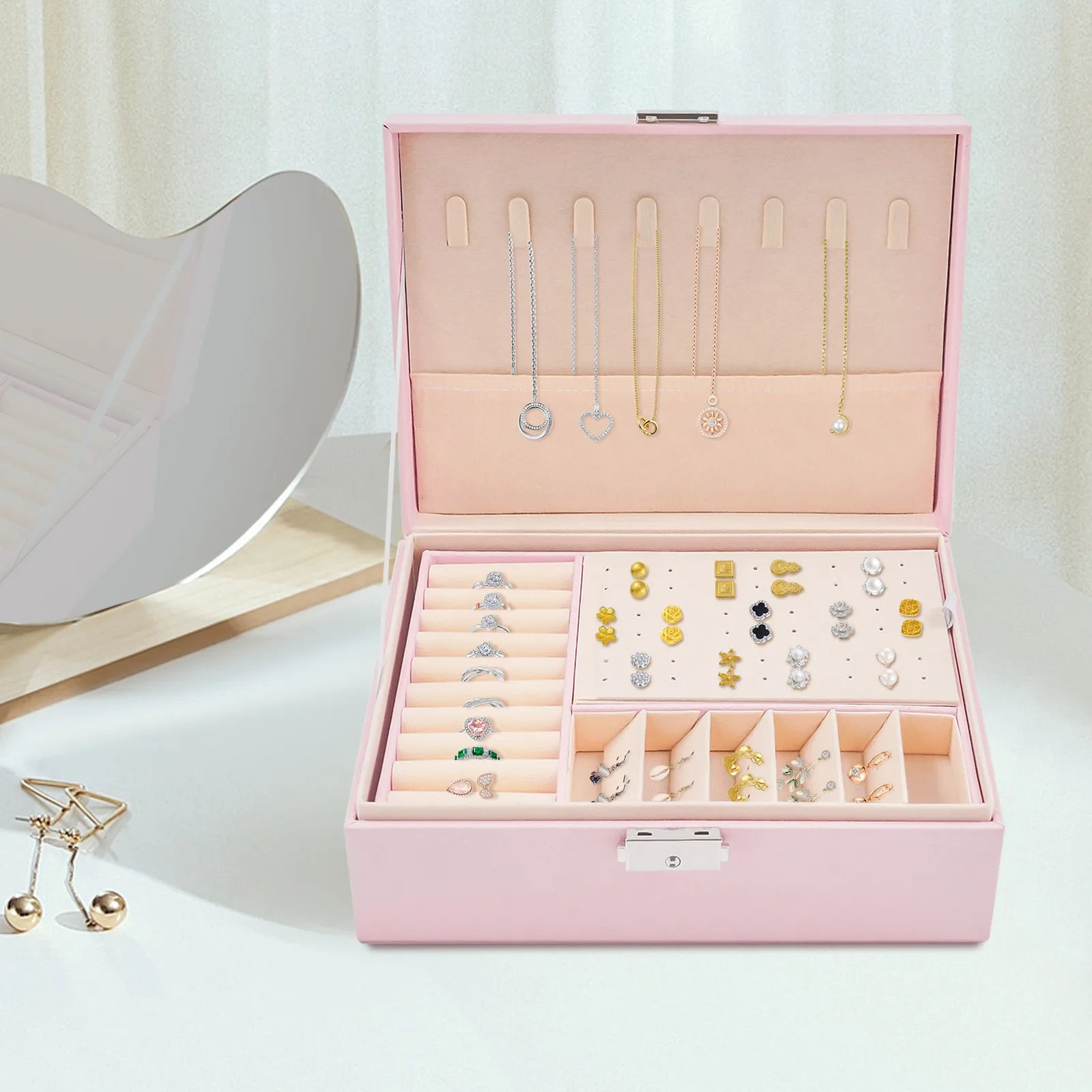 Boîte à bijoux rose compartiments modulables