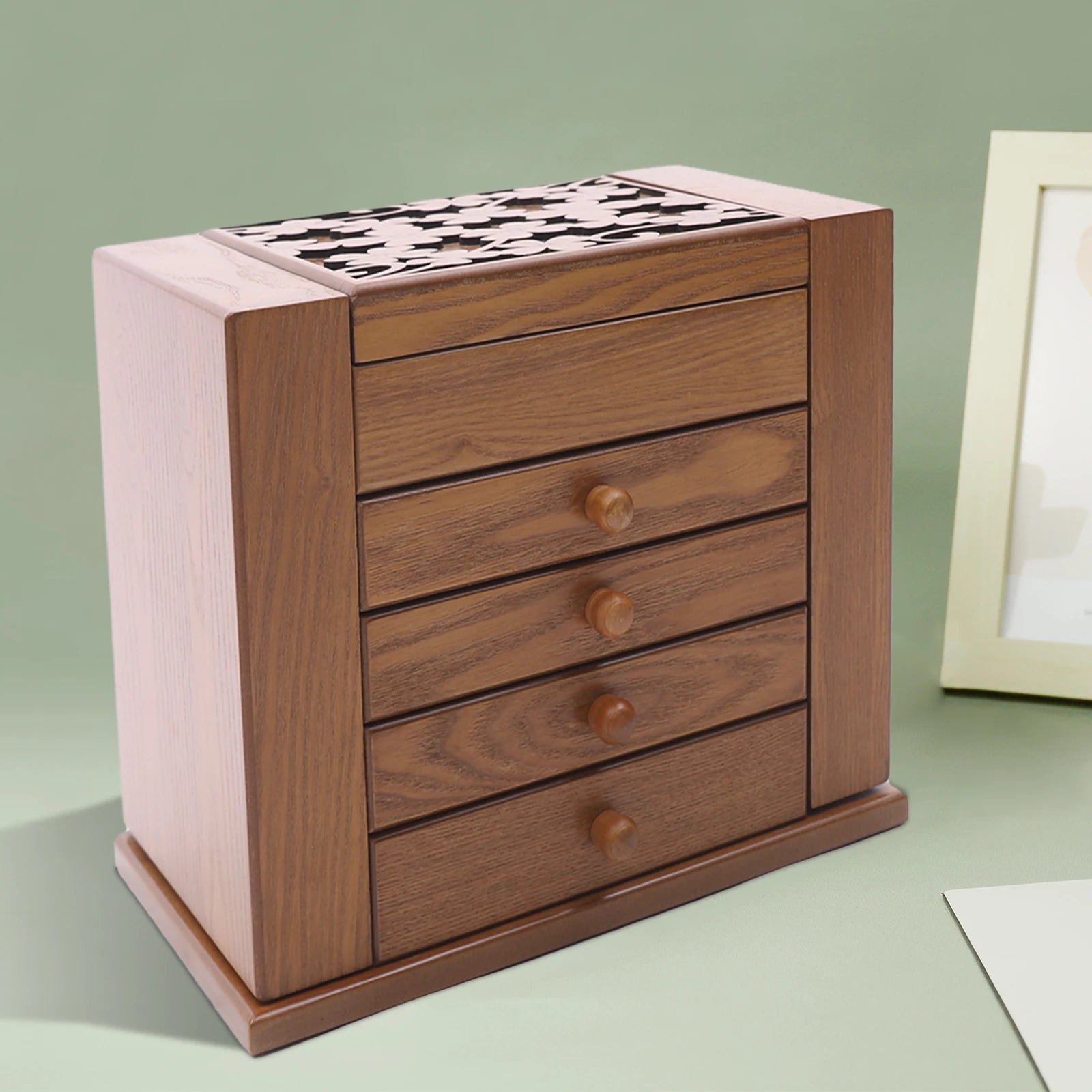 Boîte à bijoux en bois à 4 tiroirs avec miroir
