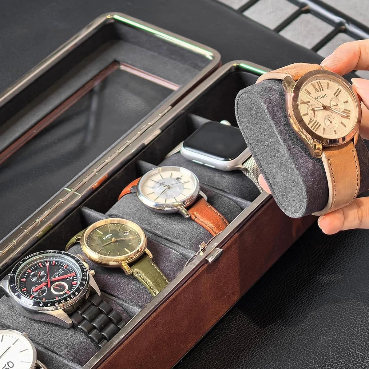 Boîte à montres rigide - 6 emplacements en cuir