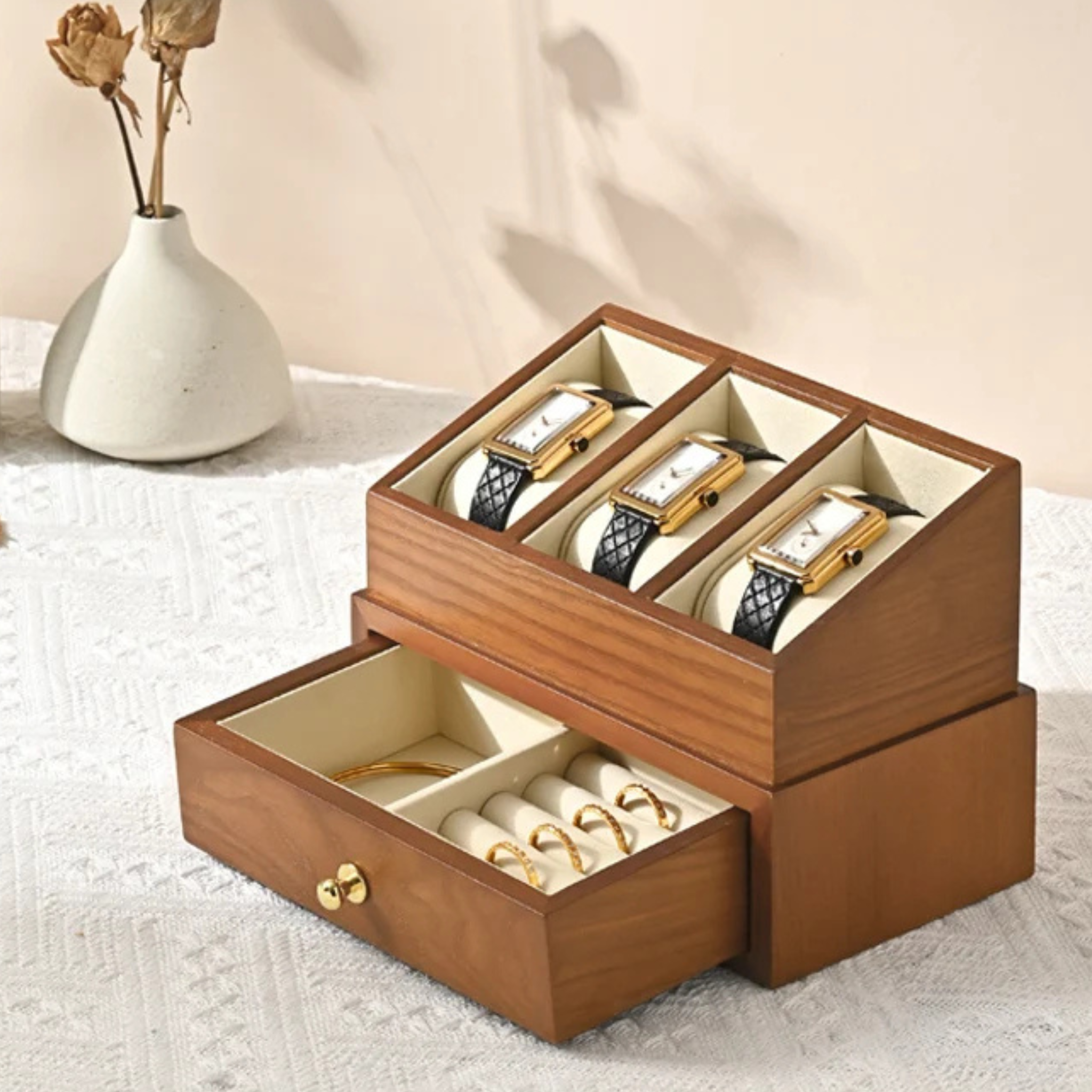 Boîte à bijoux élégante en bois et microfibre