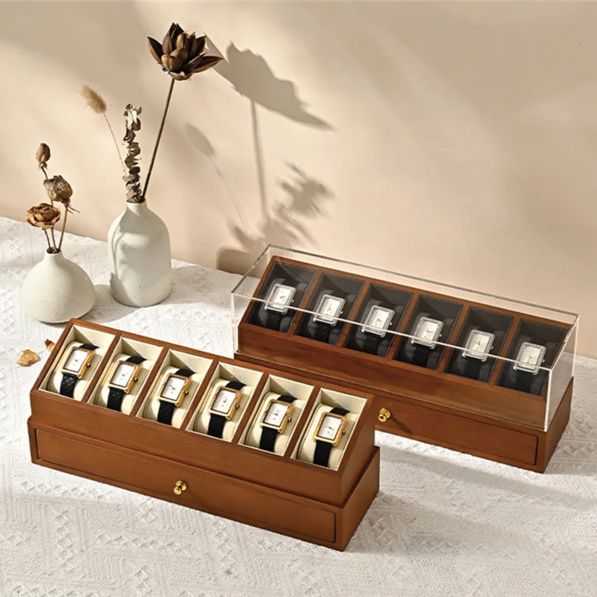 Boîte à montres en bois double étage