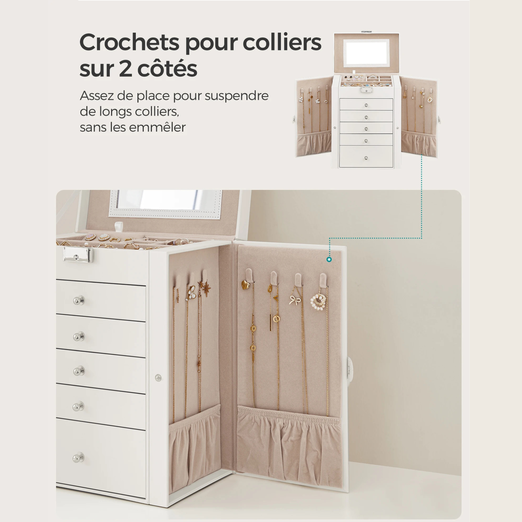 Boîte à bijoux à 6 niveaux avec miroir et serrure