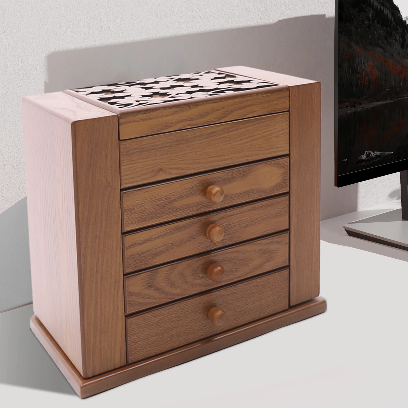 Boîte à bijoux en bois à 4 tiroirs avec miroir