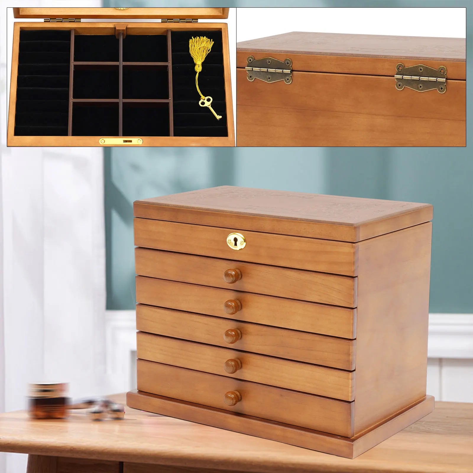 Boîte à bijoux en bois 6 tiroirs avec miroir