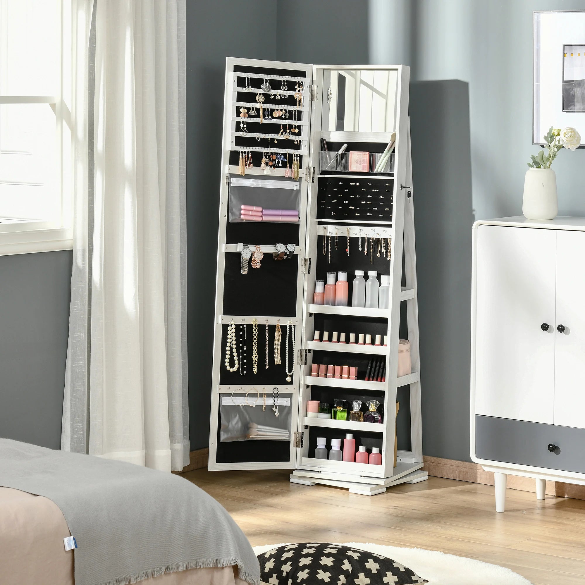 Armoire à bijoux miroir sur pied rotatif 360°