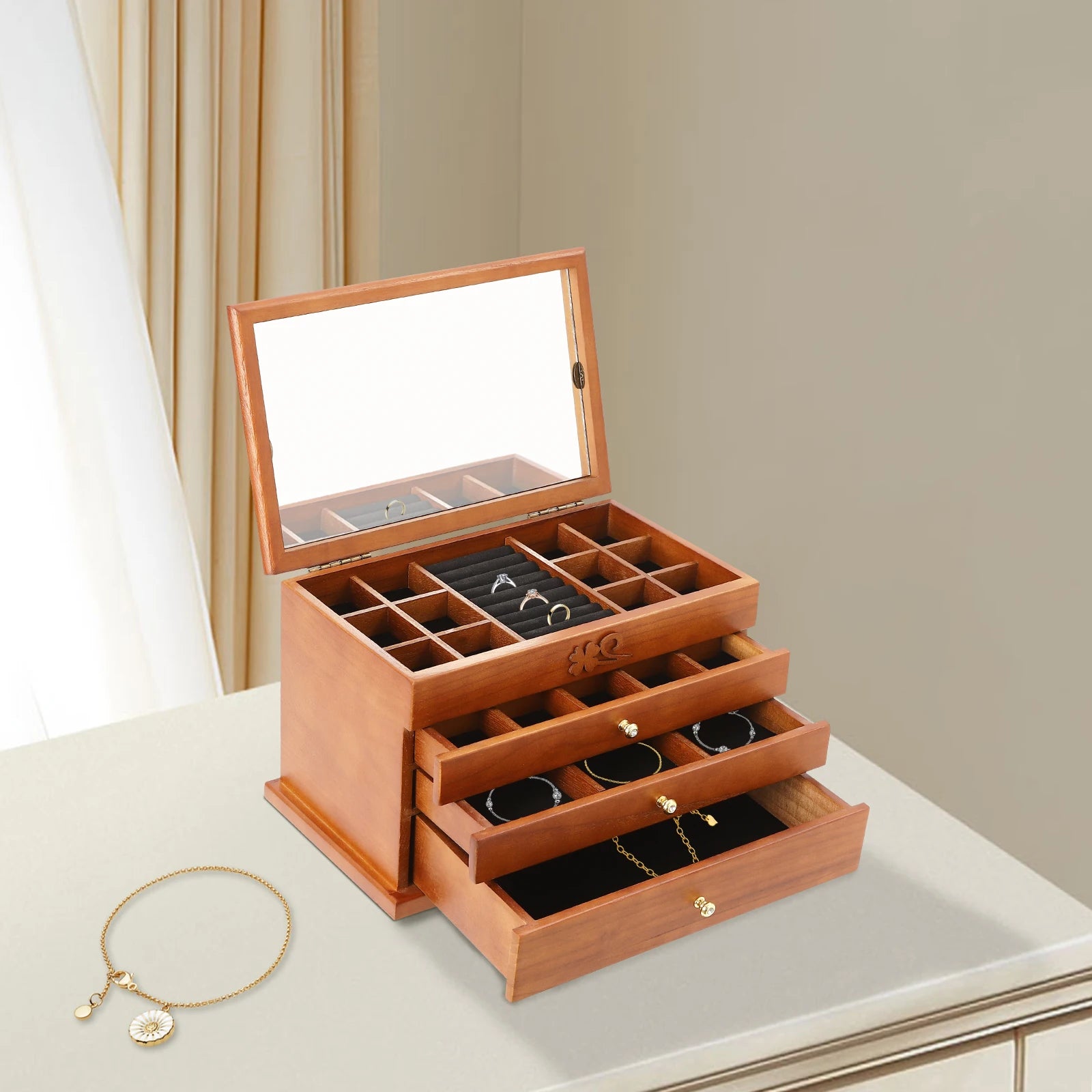 Boîte à bijoux 4 niveaux avec miroir intégré
