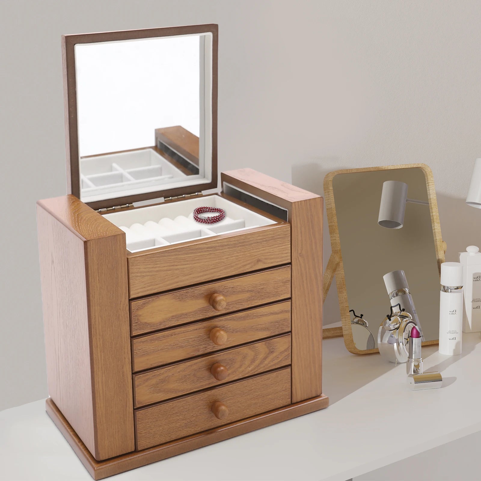 Boîte à bijoux en bois à 4 tiroirs avec miroir