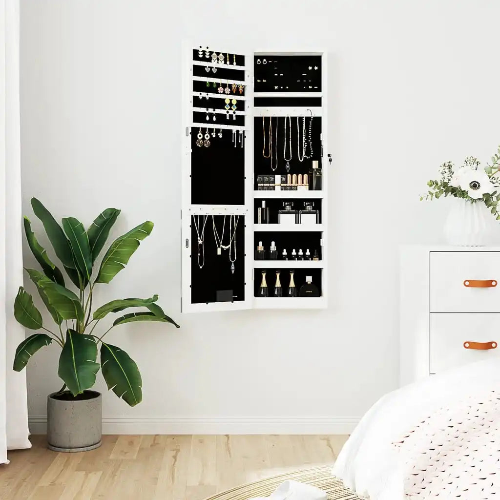 Armoire à bijoux murale blanche avec miroir sans cadre et éclairage LED intégré