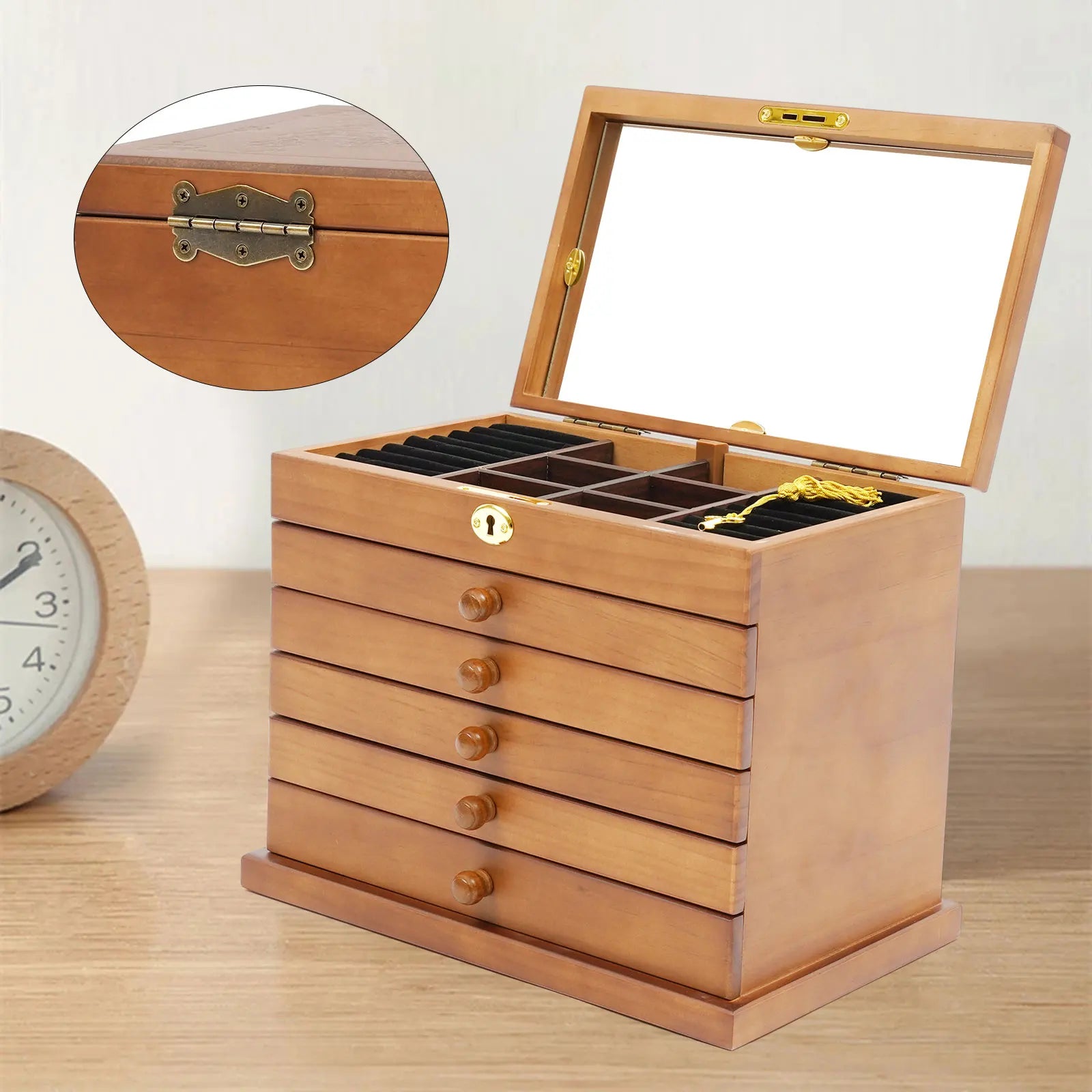 Boîte à bijoux en bois 6 tiroirs avec miroir