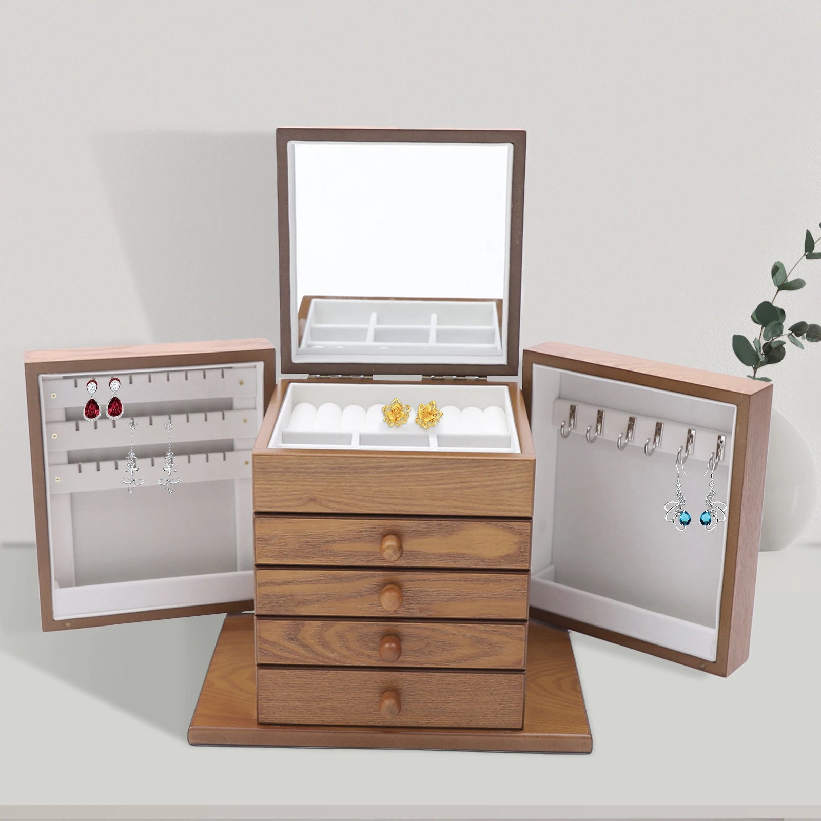Boîte à bijoux en bois à 4 tiroirs avec miroir